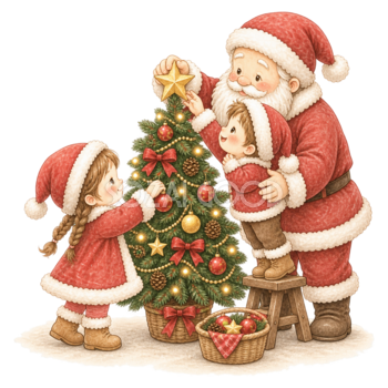 クリスマスツリーを飾るサンタと子どもの絵本タッチイラスト96128