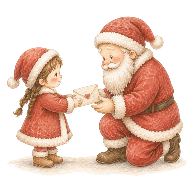 クリスマスの手紙を渡す女の子とサンタの絵本タッチイラスト96133