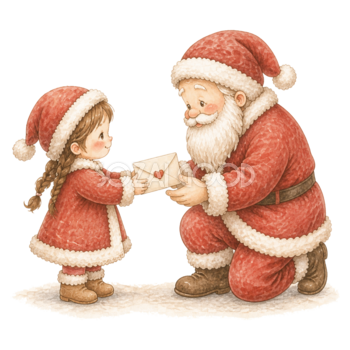 クリスマスの手紙を渡す女の子とサンタの絵本タッチイラスト96133