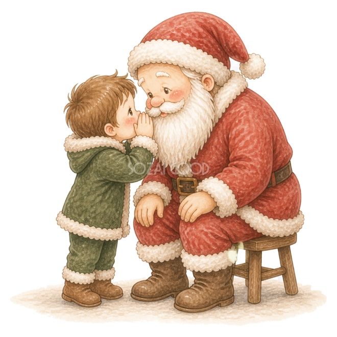 男の子のお願いを聞くサンタのかわいい絵本タッチイラスト96134
