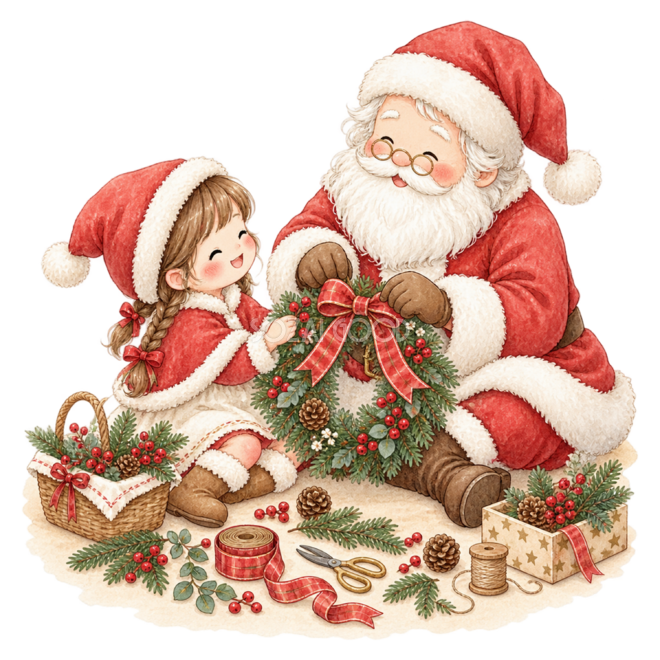 クリスマスリースを作るサンタと女の子の絵本タッチイラスト96136