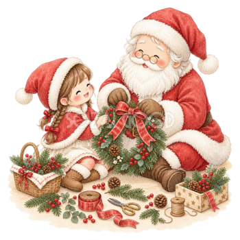 クリスマスリースを作るサンタと女の子の絵本タッチイラスト96136