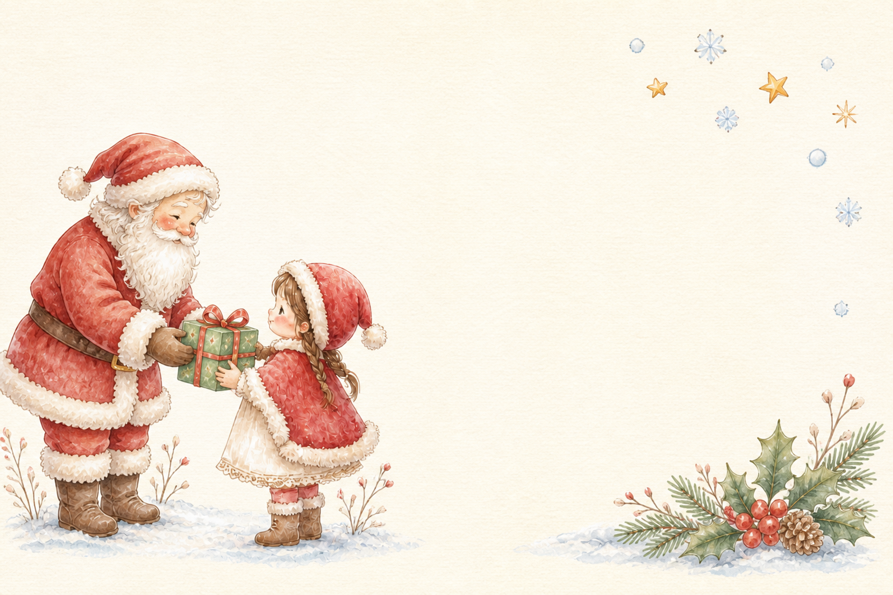 絵本タッチのプレゼントを渡すサンタのクリスマスカードイラスト｜無料素材96147に写真・文字を入れる