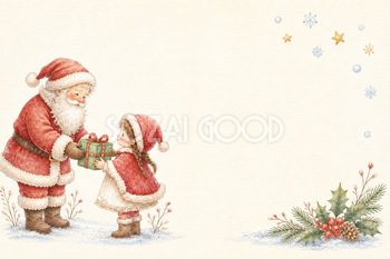 絵本タッチのプレゼントを渡すサンタのクリスマスカードイラスト｜無料素材96147