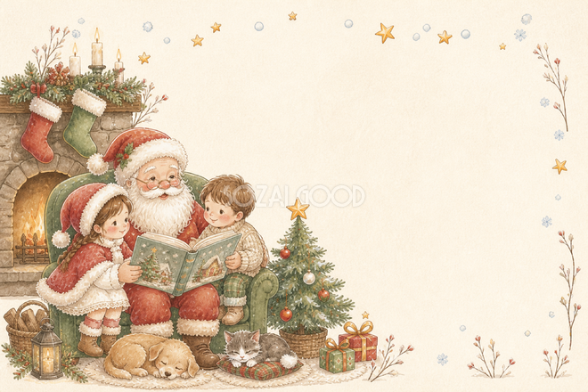 絵本タッチの暖炉で絵本を読むサンタのクリスマスカードイラスト|無料素材96148