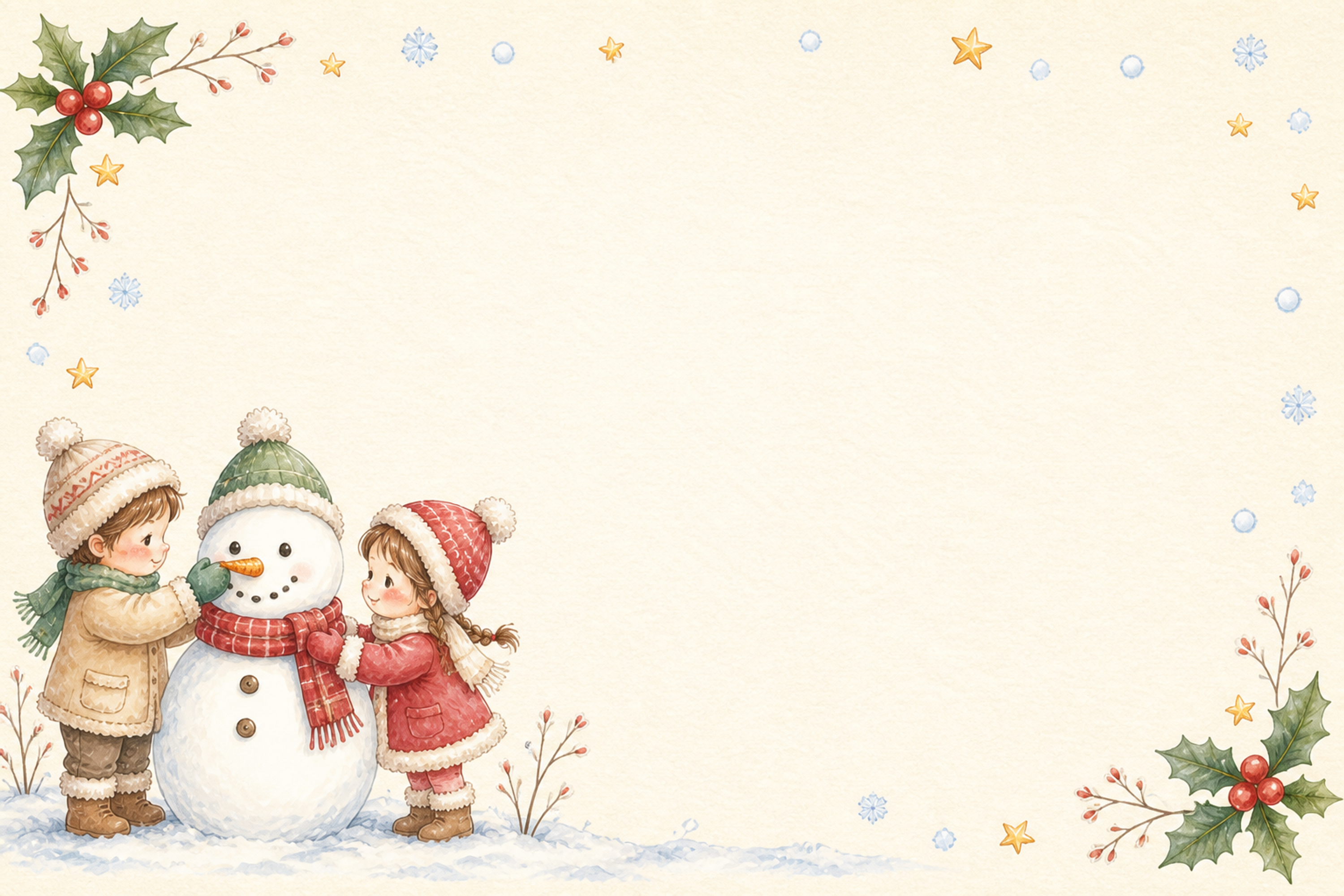 絵本タッチの雪だるまと子どものクリスマスカードイラスト｜無料素材96150に写真・文字を入れる
