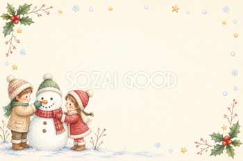 絵本タッチの雪だるまと子どものクリスマスカードイラスト｜無料素材96150