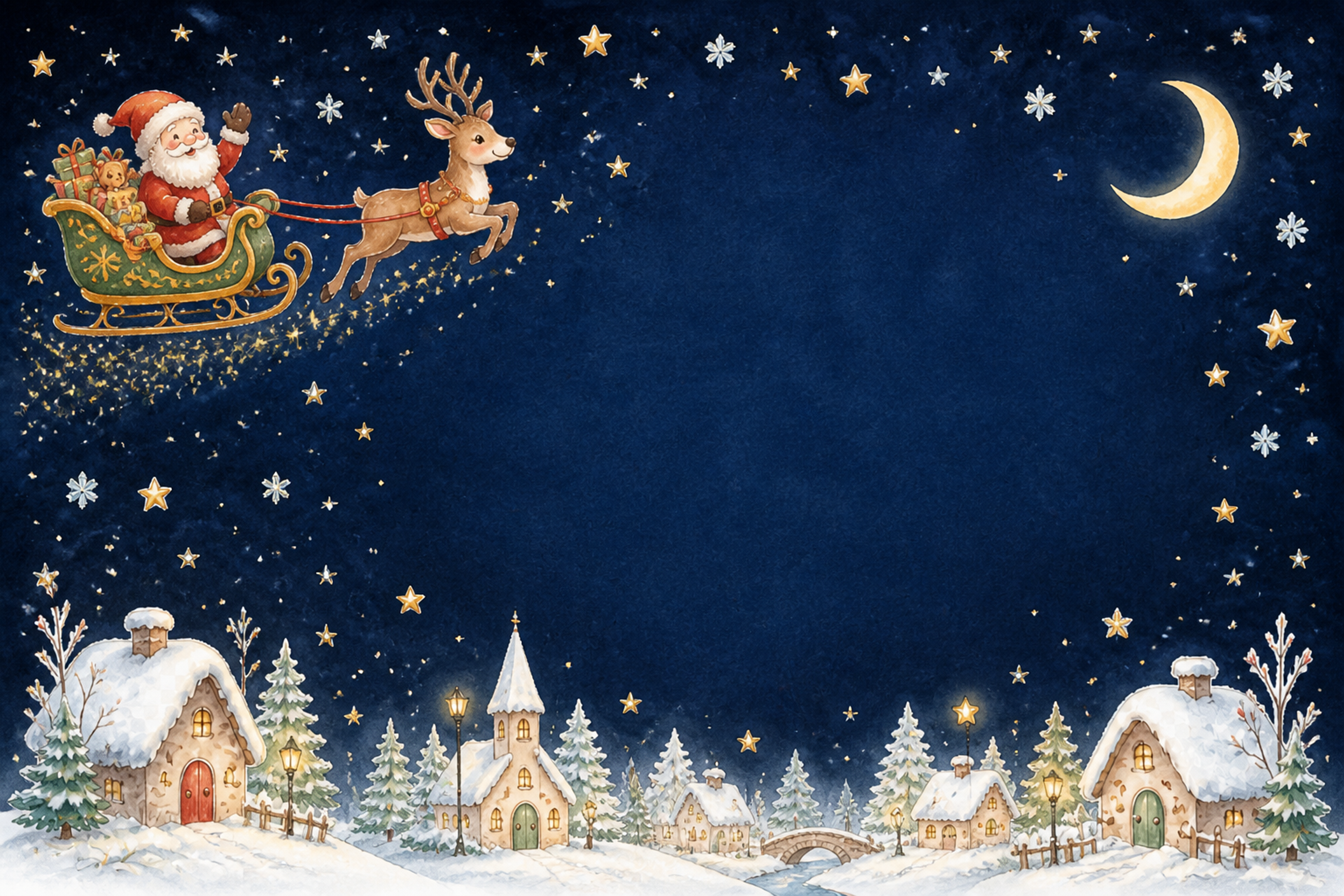 絵本タッチの夜空を飛ぶサンタクロースのそりクリスマスカードイラスト｜無料素材96151に写真・文字を入れる