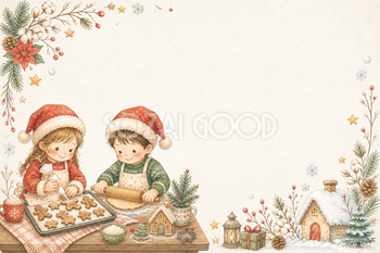 絵本タッチのジンジャーブレッド作りクリスマスカードイラスト｜無料素材96152
