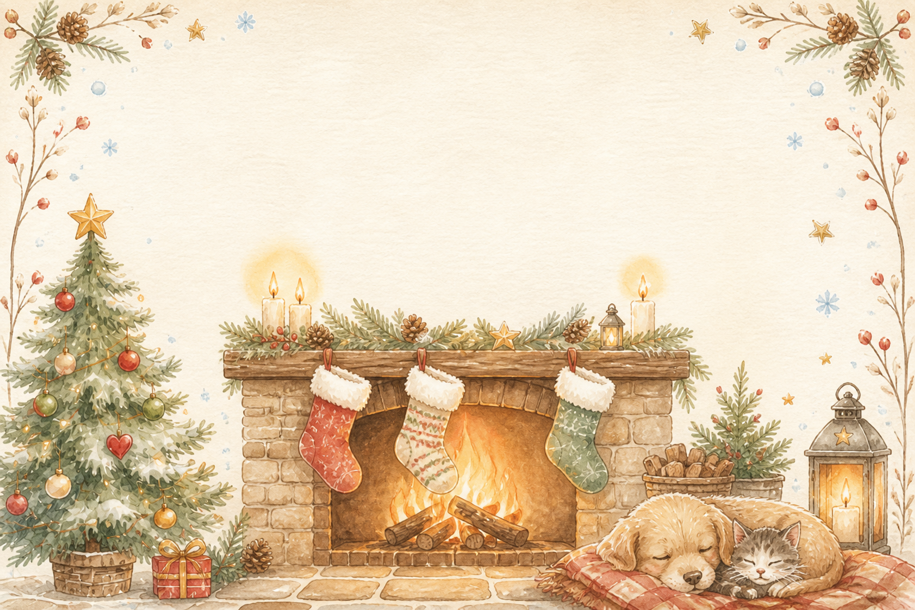 絵本タッチの暖炉と犬猫のクリスマスカードイラスト｜無料素材96153に写真・文字を入れる