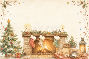 絵本タッチの暖炉と犬猫のクリスマスカードイラスト｜無料素材96153