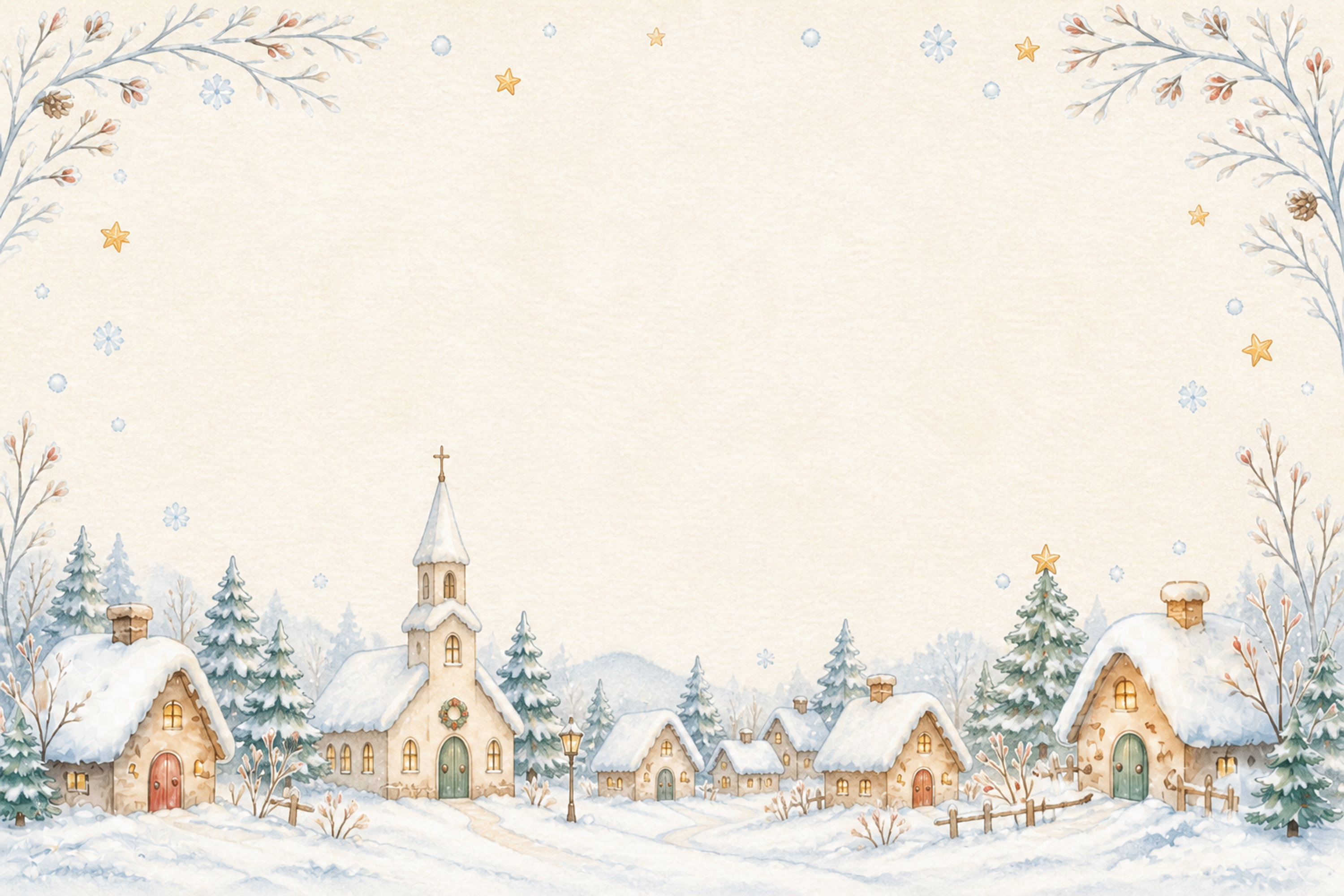 絵本タッチの雪の村と教会のクリスマスカードイラスト｜無料素材96154に写真・文字を入れる