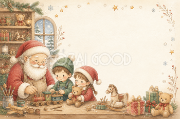 絵本タッチのサンタのおもちゃ工房クリスマスカードイラスト｜無料素材96155