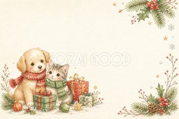 絵本タッチの犬と猫とプレゼントのクリスマスカードイラスト｜無料素材96157