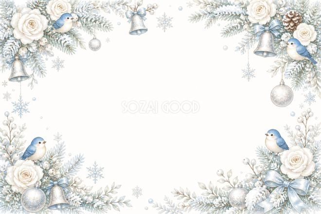 絵本タッチの白と青の上品なクリスマスカードイラスト｜無料素材96161
