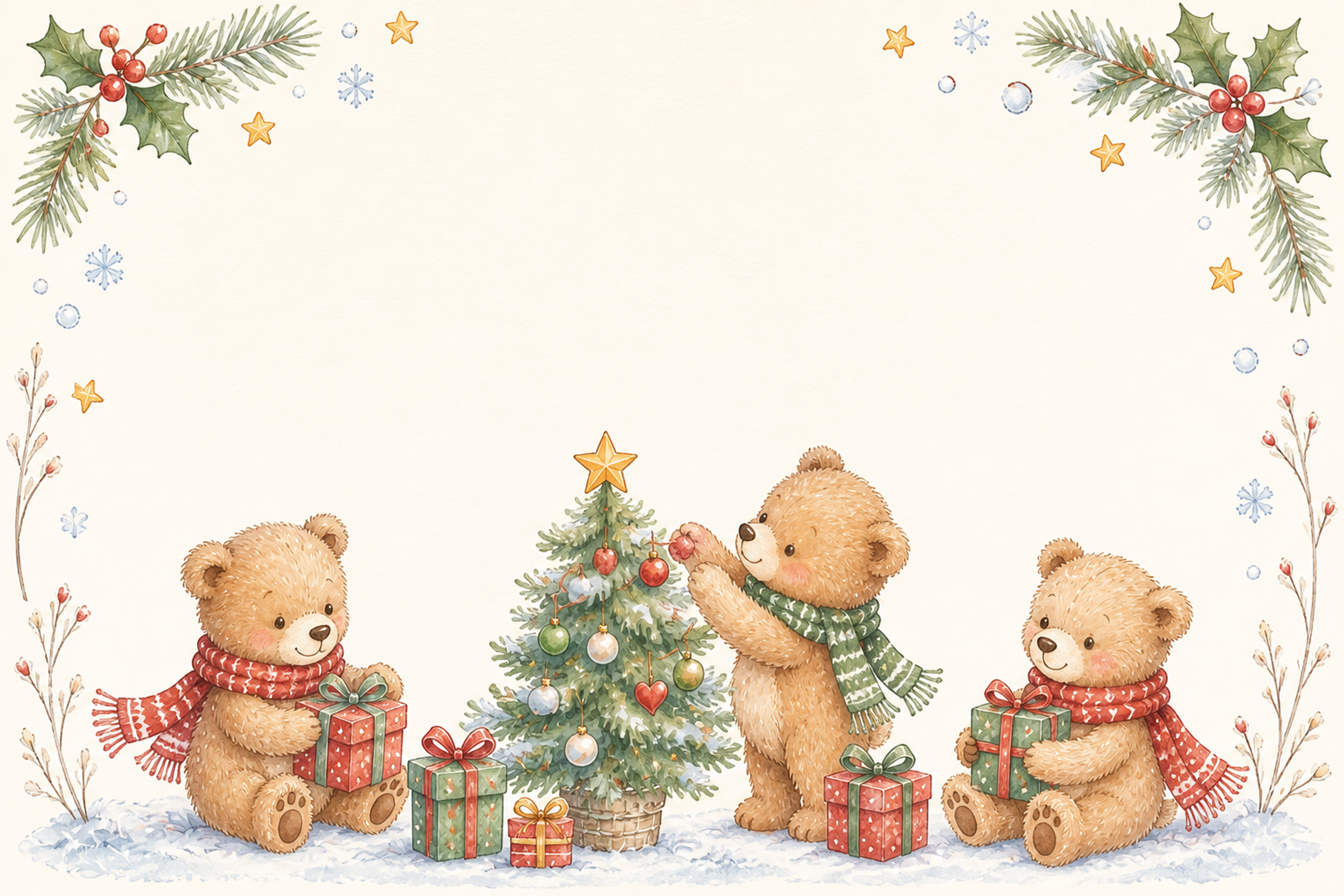 絵本タッチのクマとツリーのクリスマスカードイラスト｜無料素材96163に写真・文字を入れる