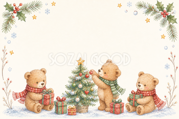 絵本タッチのクマとツリーのクリスマスカードイラスト｜無料素材96163