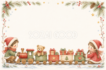 絵本タッチの木の汽車と子どものクリスマスカードイラスト｜無料素材96164