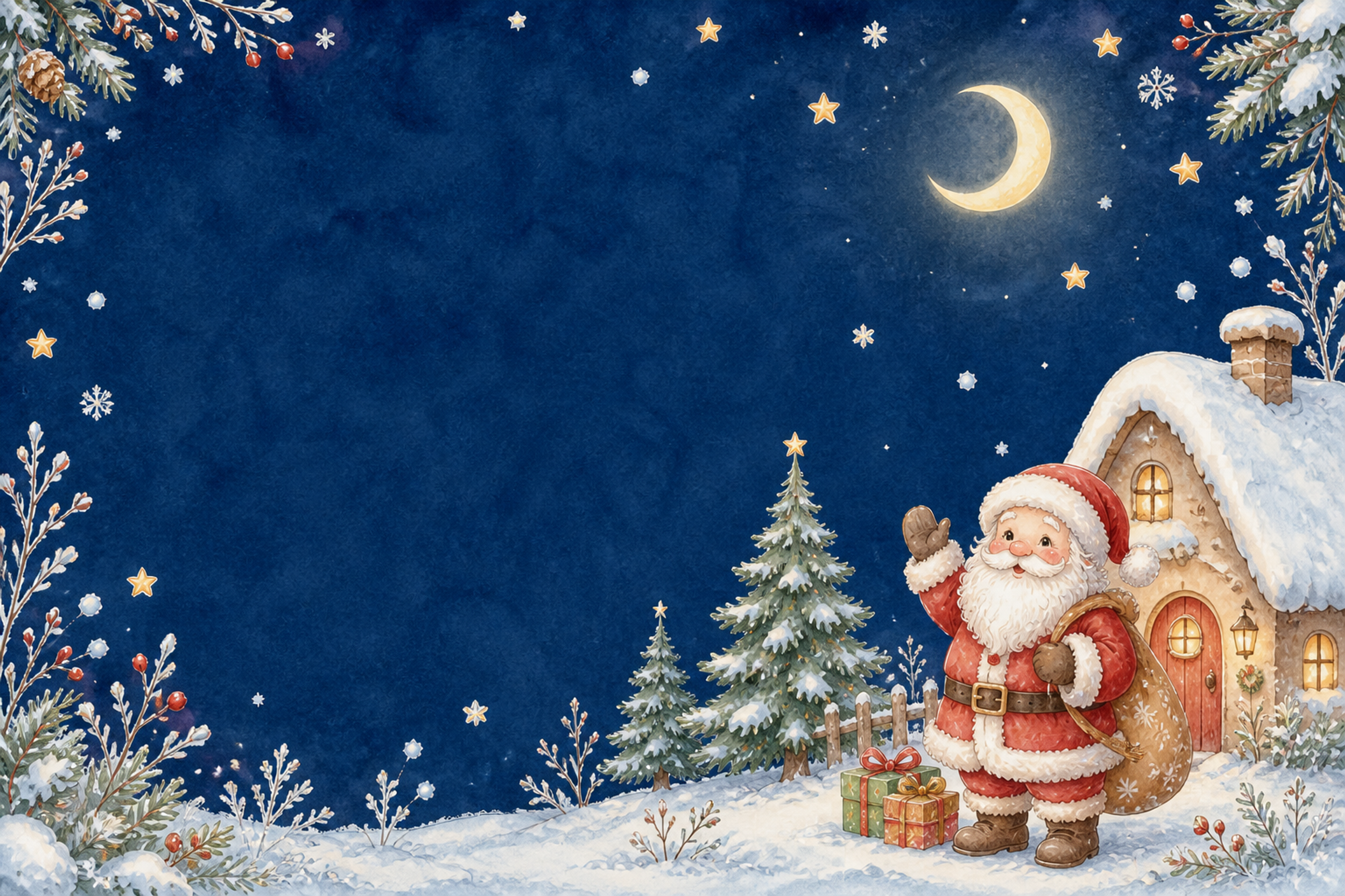 絵本タッチの月夜に手を振るサンタのクリスマスカードイラスト｜無料素材96165に写真・文字を入れる