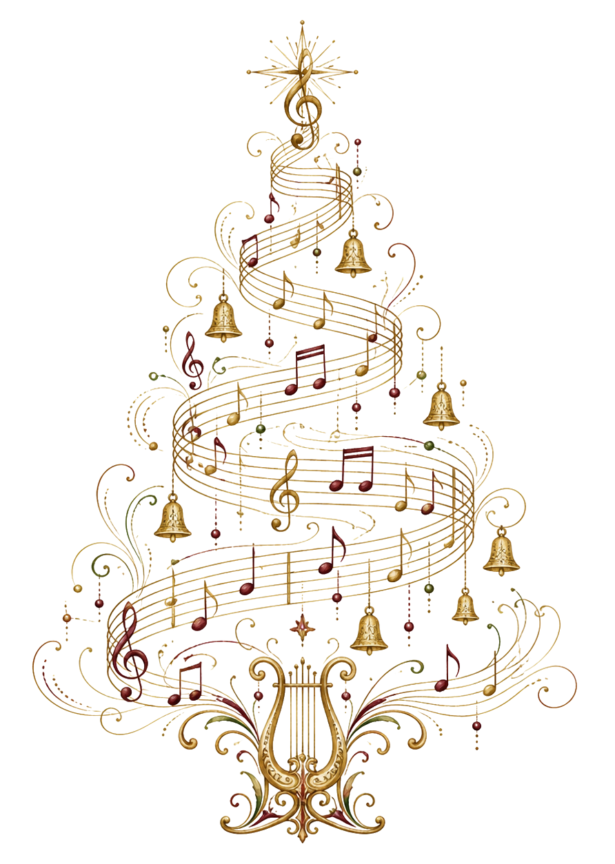 音符とベルのクリスマスツリーイラスト｜無料素材96178に写真・文字を入れる