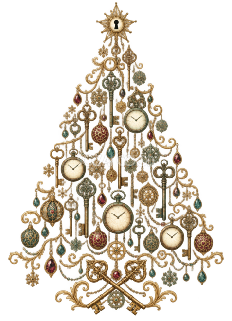 鍵と時計のクリスマスツリーイラスト|無料素材96181