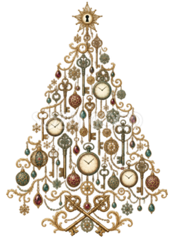 鍵と時計のクリスマスツリーイラスト｜無料素材96181
