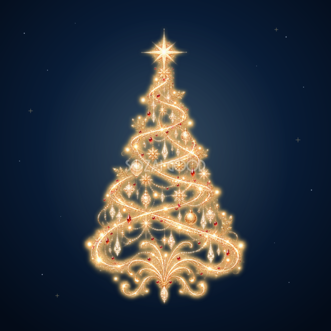 シャンパンゴールドに輝くクリスマスツリーイラスト｜無料素材96188