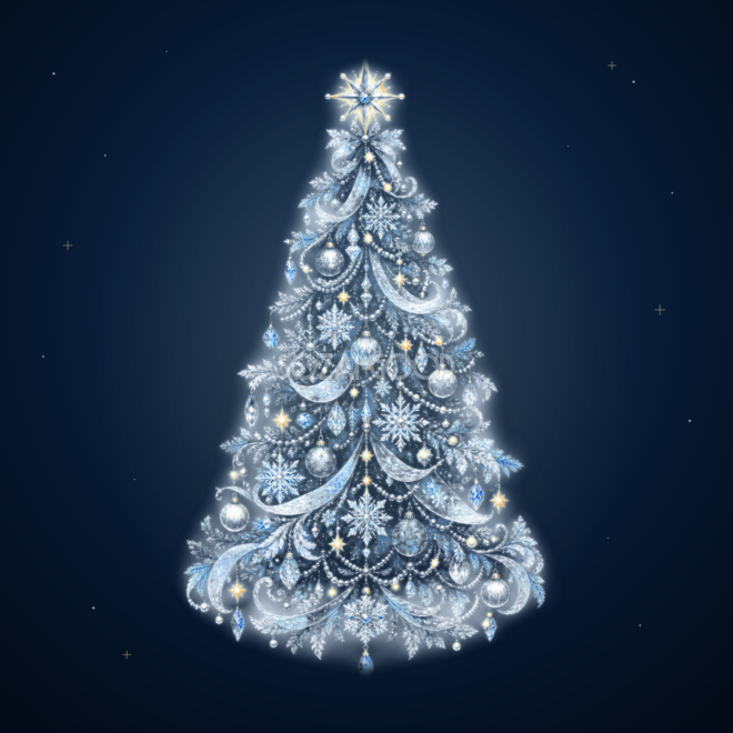 青白い氷と雪が輝くクリスマスツリーイラスト|無料素材96189