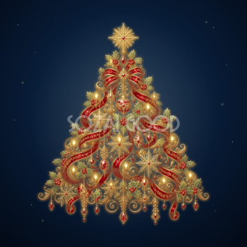 ルビーレッドと金色に輝くクリスマスツリーイラスト｜無料素材96190