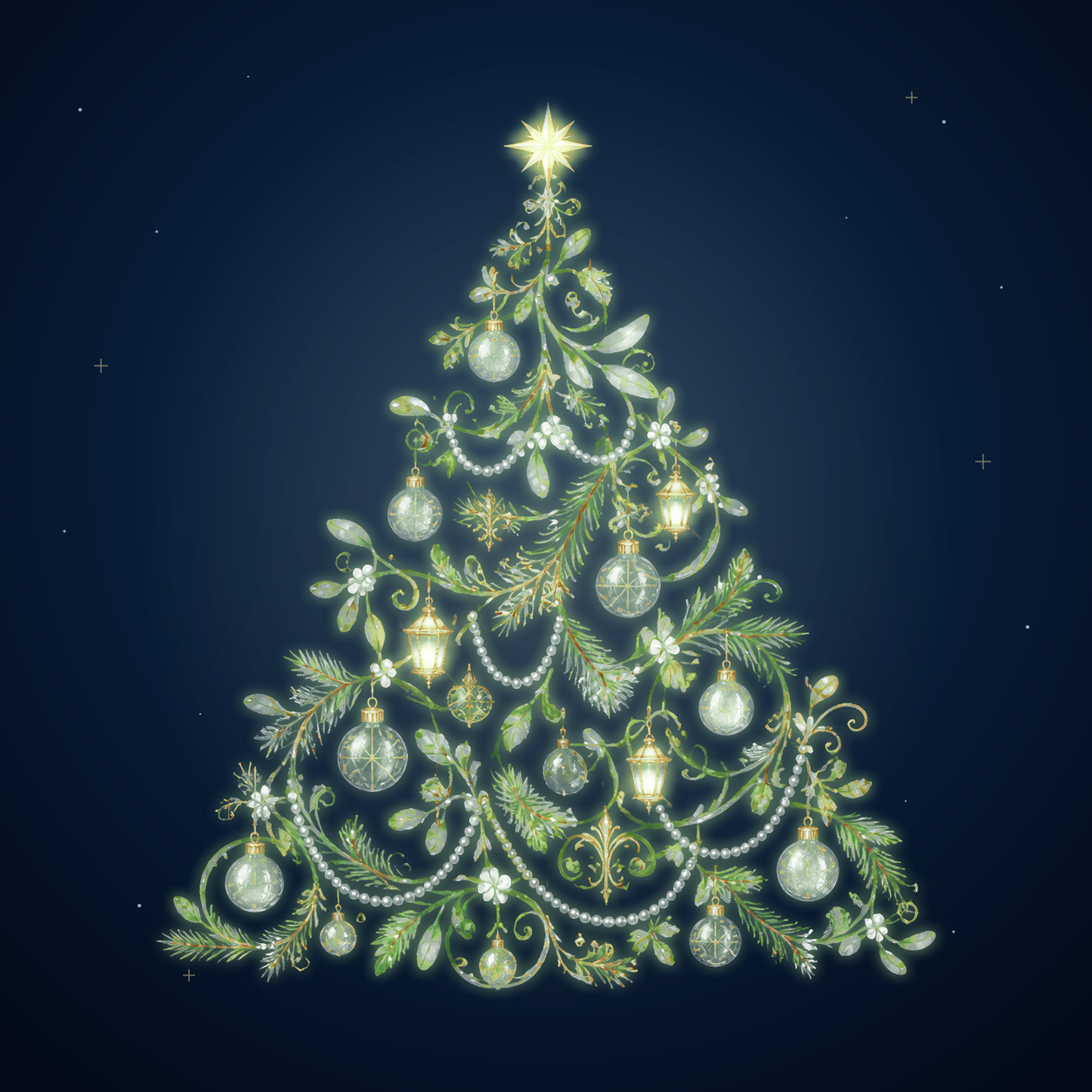 エメラルドの植物と真珠のクリスマスツリーイラスト｜無料素材96191に写真・文字を入れる
