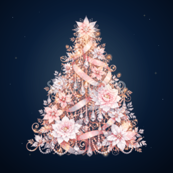 ローズゴールドと花が輝くクリスマスツリーイラスト｜無料素材96192