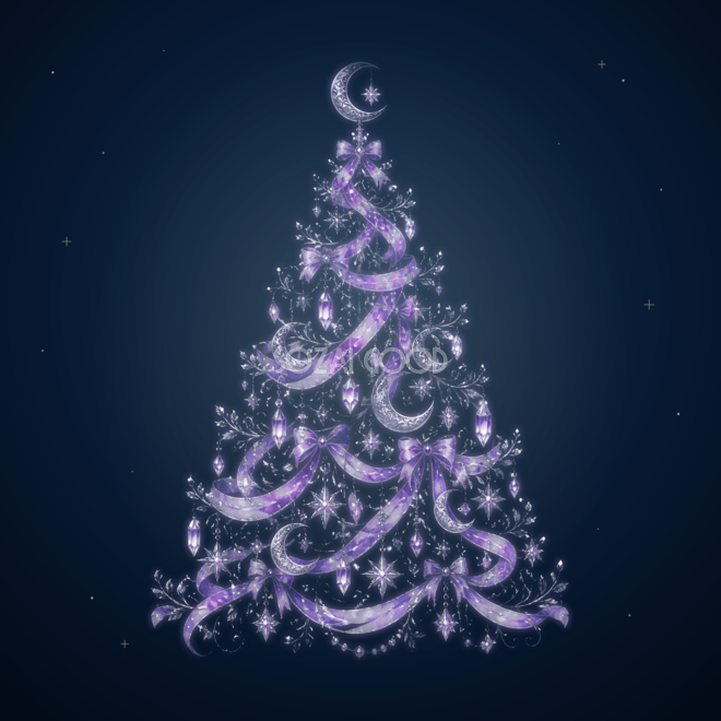 紫の月と銀色の光のクリスマスツリーイラスト｜無料素材96193