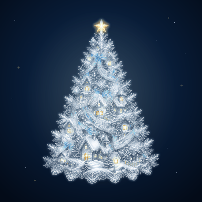 雪の村と青いリボンのクリスマスツリーイラスト｜無料素材96196