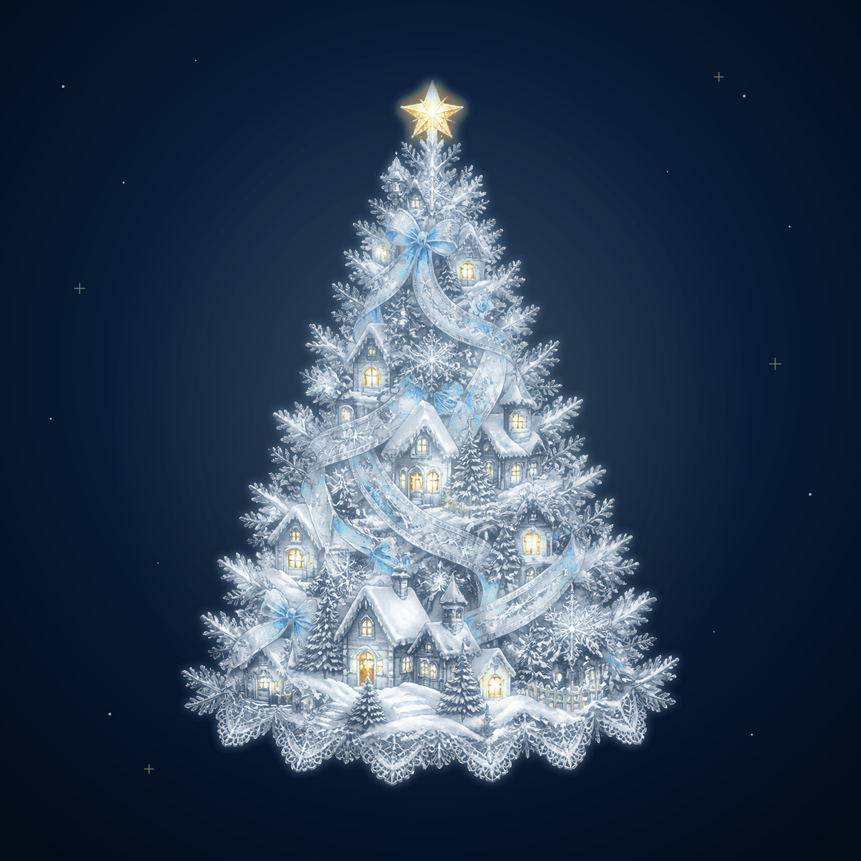 雪の村と青いリボンのクリスマスツリーイラスト｜無料素材96196に写真・文字を入れる