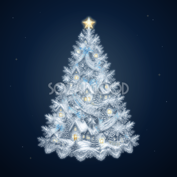 雪の村と青いリボンのクリスマスツリーイラスト｜無料素材96196