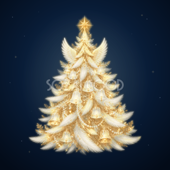 白い羽根と天使が輝くクリスマスツリーイラスト｜無料素材96197