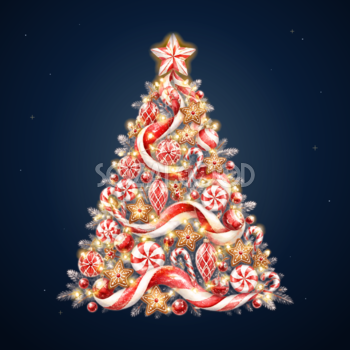 赤白キャンディとお菓子のクリスマスツリーイラスト｜無料素材96198