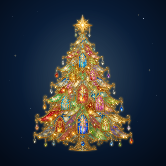 虹色ステンドグラスのクリスマスツリーイラスト|無料素材96199