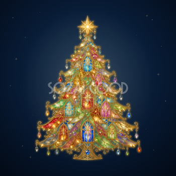 虹色ステンドグラスのクリスマスツリーイラスト｜無料素材96199