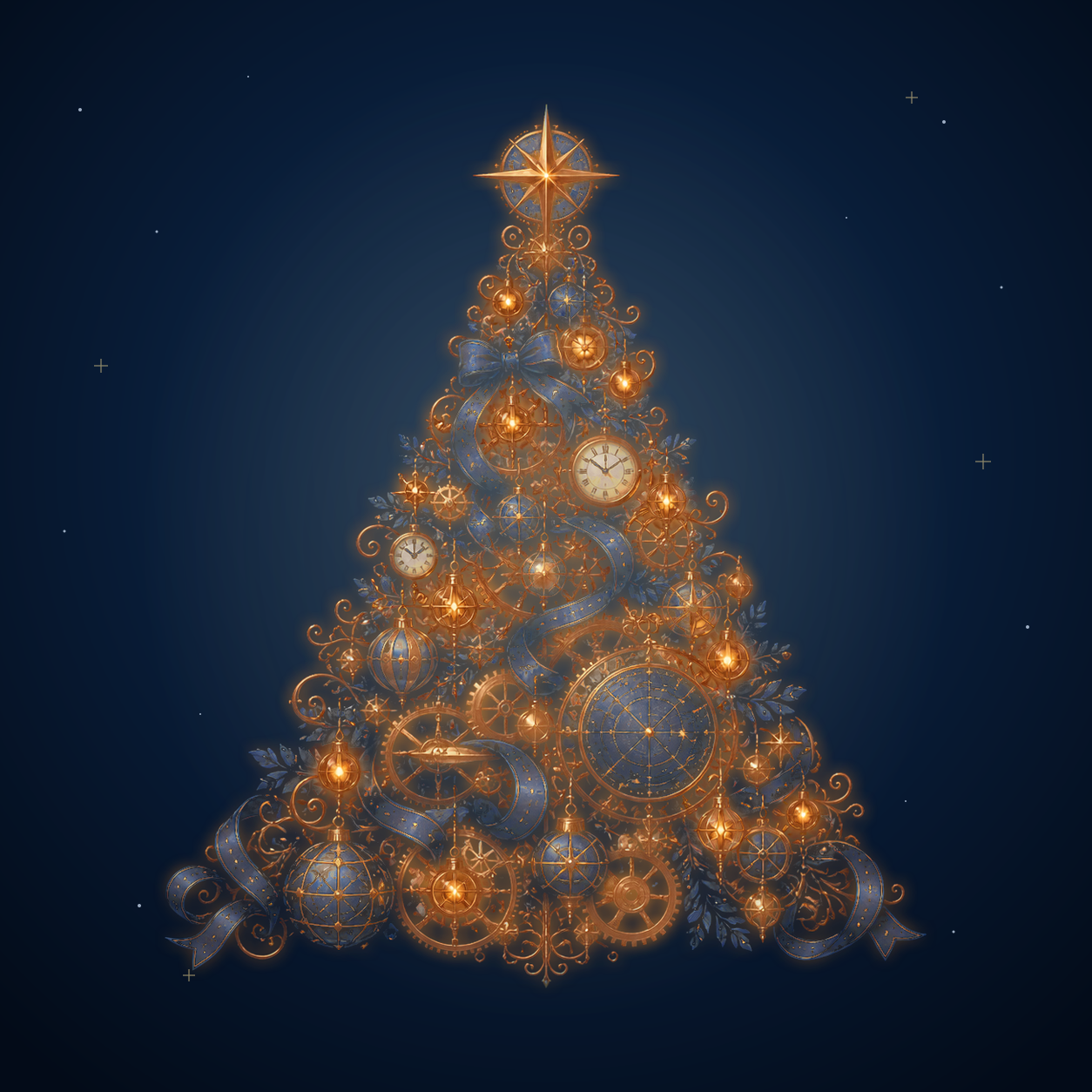 紺色と銅色の時計仕掛けクリスマスツリーイラスト｜無料素材96200に写真・文字を入れる