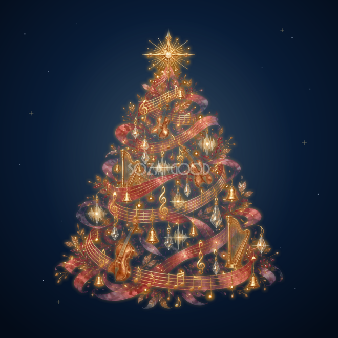 楽譜と楽器が輝く音楽のクリスマスツリーイラスト｜無料素材96203