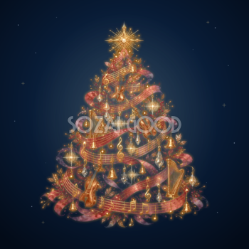 楽譜と楽器が輝く音楽のクリスマスツリーイラスト｜無料素材96203