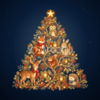 森の動物とランタンが輝くクリスマスツリーイラスト｜無料素材96204