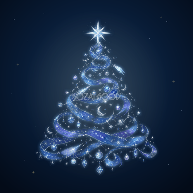 星座と月が輝く夜空のクリスマスツリーイラスト|無料素材96205