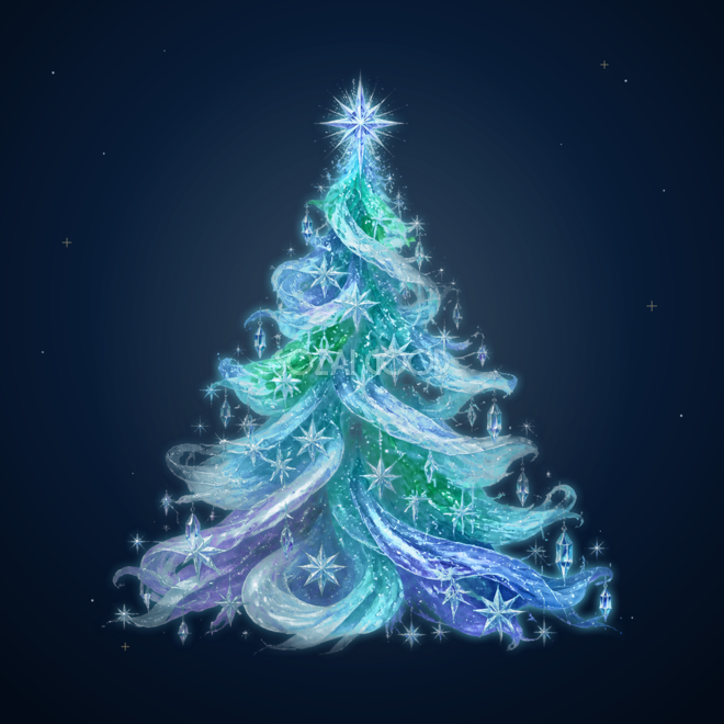 オーロラと極星が輝くクリスマスツリーイラスト|無料素材96207