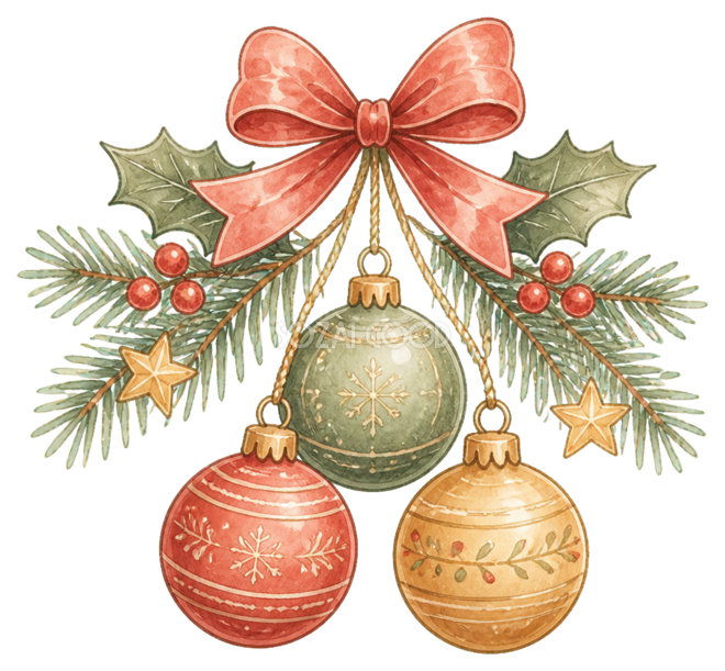 絵本タッチの赤緑金クリスマスオーナメントイラスト|無料素材96230