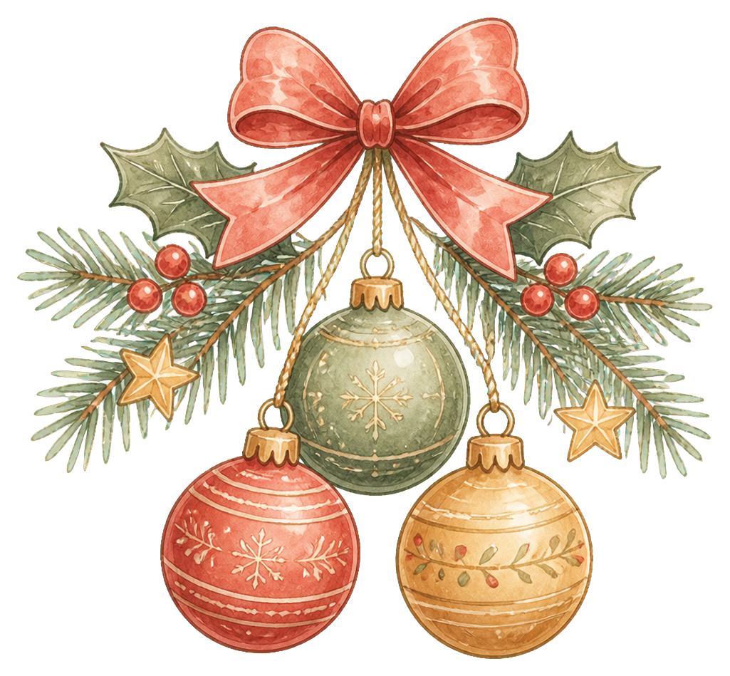 絵本タッチの赤緑金クリスマスオーナメントイラスト｜無料素材96230に写真・文字を入れる