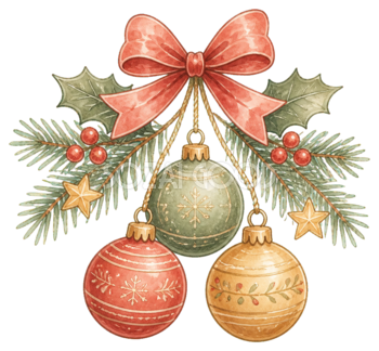 絵本タッチの赤緑金クリスマスオーナメントイラスト｜無料素材96230