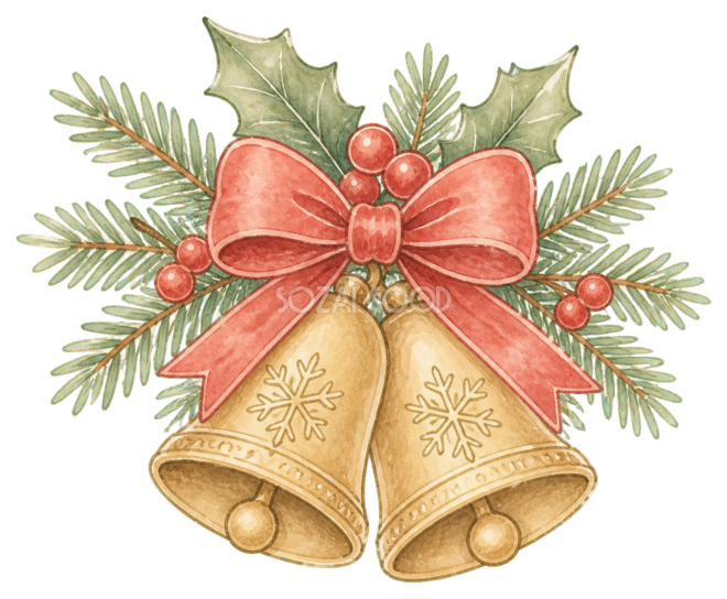 絵本タッチの金のベルと赤いリボンのクリスマスイラスト｜無料素材96231