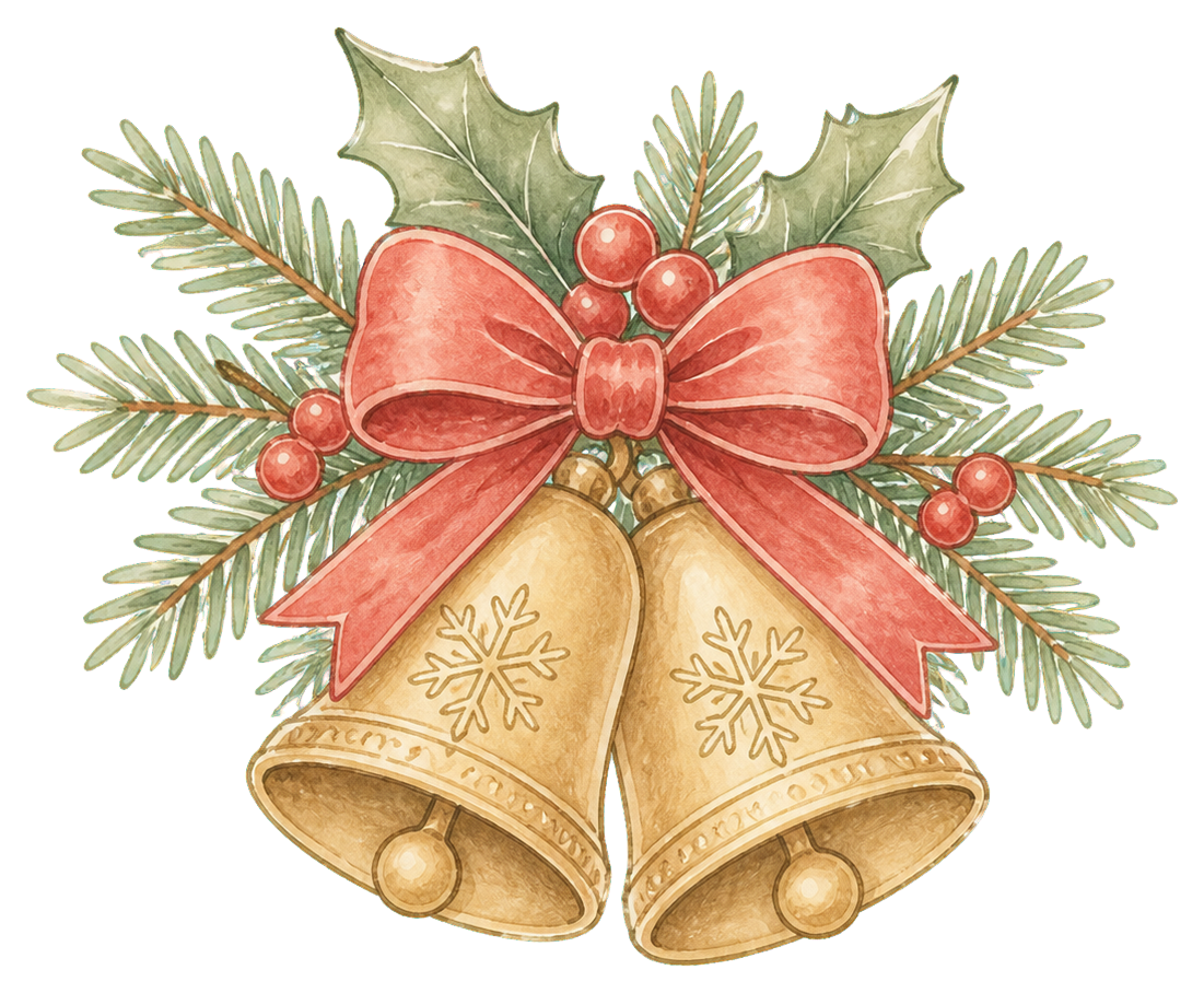 絵本タッチの金のベルと赤いリボンのクリスマスイラスト｜無料素材96231に写真・文字を入れる